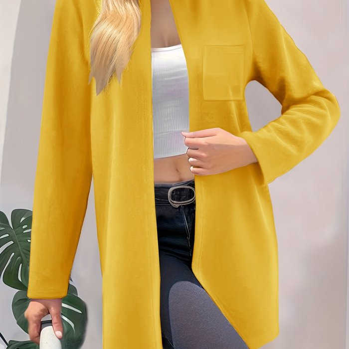 Solid Open Front Pocket Cardigan, Casual Long Sleeve Sweater For Spring & Fall, Women's Clothing