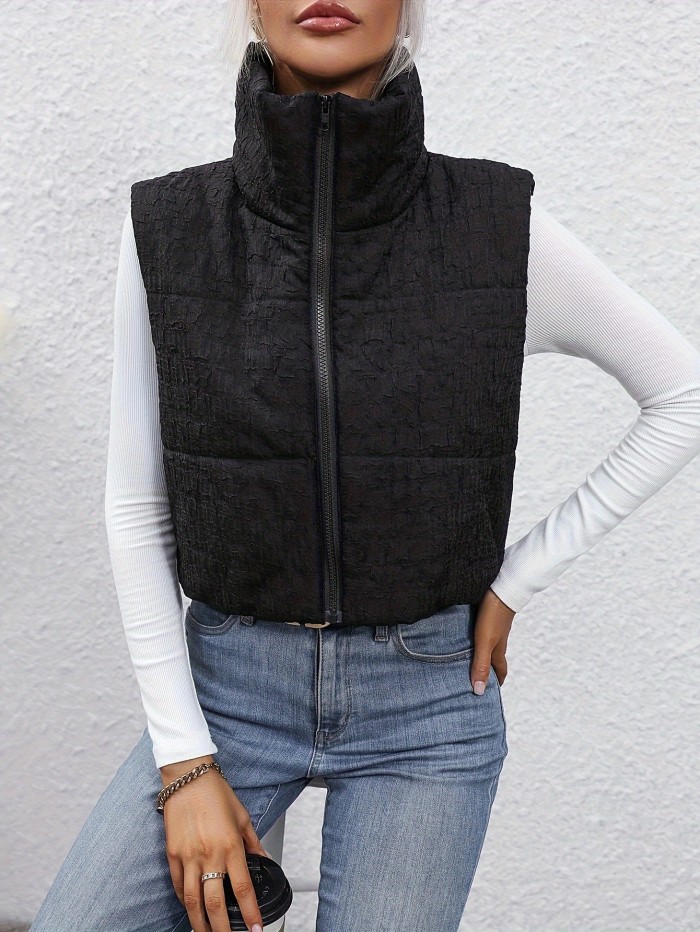 Solid Color Zipper Front Vest Jacket, Casual Turtle Neck Sleeveless Jacket For Every Day, Women's Clothing