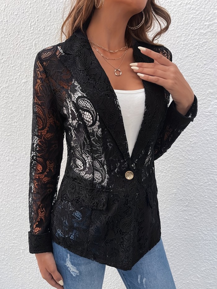 Solid Color Open Front Blazer, Elegant Lapel Neck Cut Out Long Sleeve Blazer For Spring & Summer, Women's Clothing