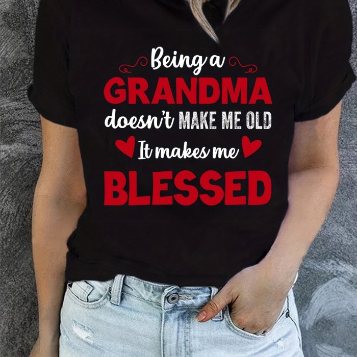 Blessed Grandma Print T-Shirt, Mother's Day Short Sleeve Crew Neck Casual Top For Spring & Summer, Women's Clothing
