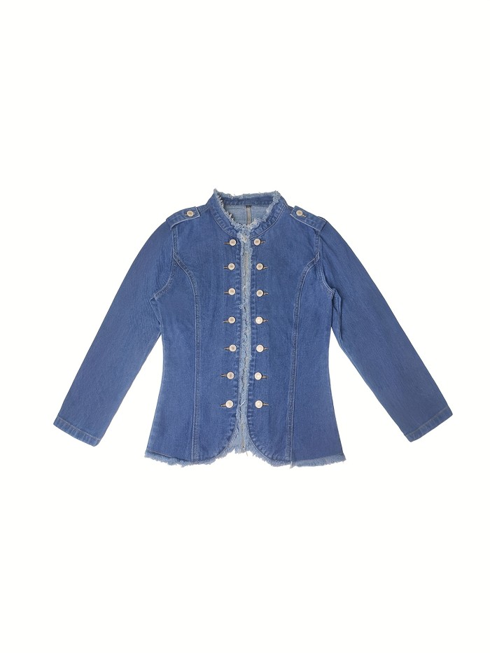 Blue Raw Trim Denim Jackets, Long Sleeves Single Breasted Button Casual Denim Coats, Women's Denim Clothing