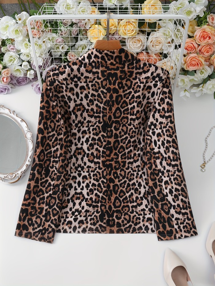 Leopard Print Open Front Blazer, Elegant Lapel Long Sleeve Blazer For Office & Work, Women's Clothing