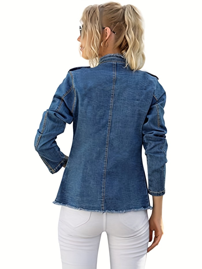 Blue Raw Trim Denim Jackets, Long Sleeves Single Breasted Button Casual Denim Coats, Women's Denim Clothing