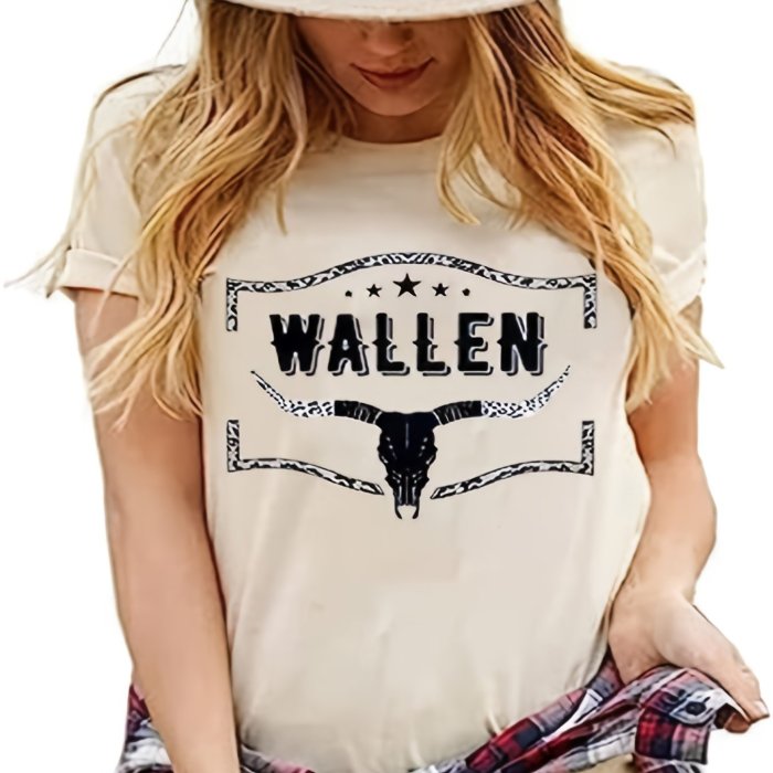 Cattle Print Western T-Shirt, Crew Neck Short Sleeve Casual Top For All Season, Women's Clothing