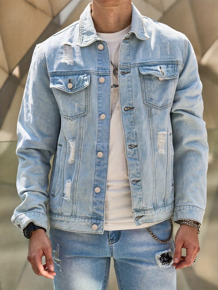Men's Casual Denim Jacket, Chic Street Style Button Up Jacket