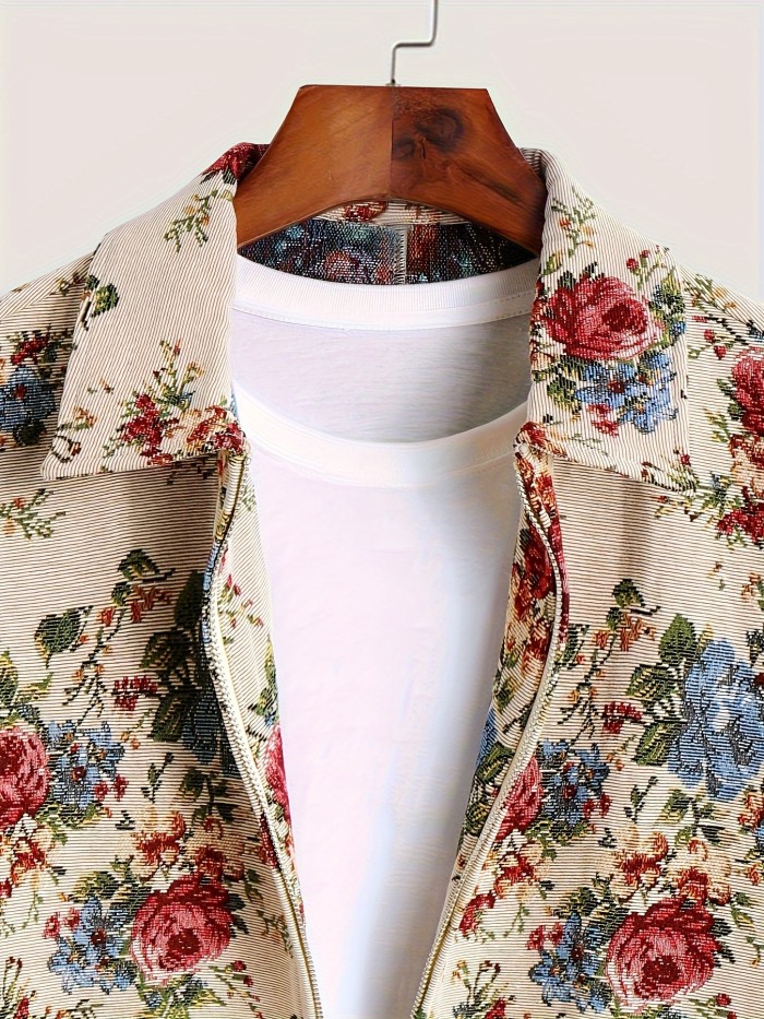 Men's Loose Floral Graphic Print Jacket With Pockets, Casual Breathable Lapel Zip Up Long Sleeve Outwear For Spring Fall