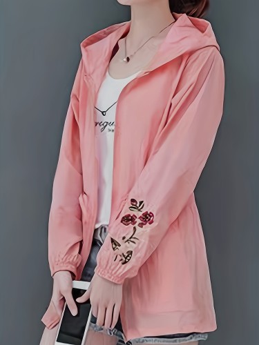 Floral Pattern Drawstring Waist Hooded Coat, Casual Long Sleeve Full Zip Front Coat, Women's Clothing