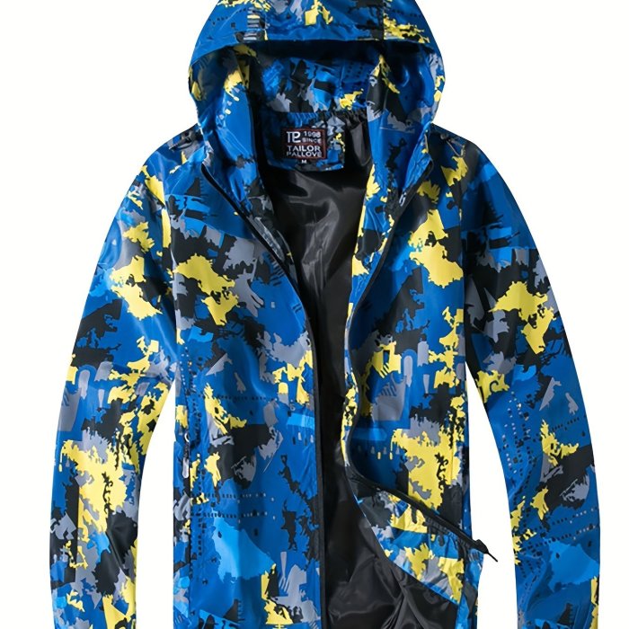 Men's Casual Camouflage Pattern Jacket, Chic Hooded Windbreaker Jacket