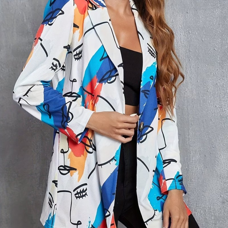 Abstract Print Blazer, Casual Lapel Long Sleeve Outerwear, Women's Clothing