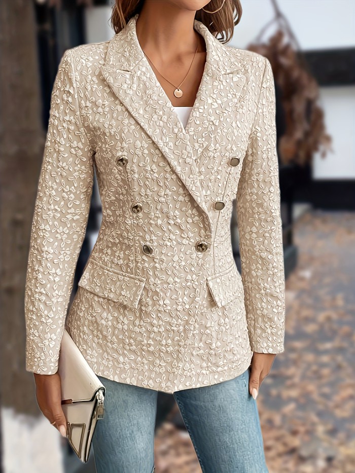 Notched Collar Double-breasted Blazer, Elegant Long Sleeve Blazer For Office & Work, Women's Clothing
