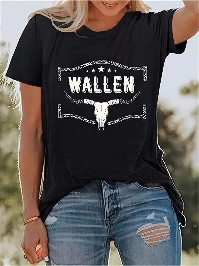 Cattle Print Western T-Shirt, Crew Neck Short Sleeve Casual Top For All Season, Women's Clothing