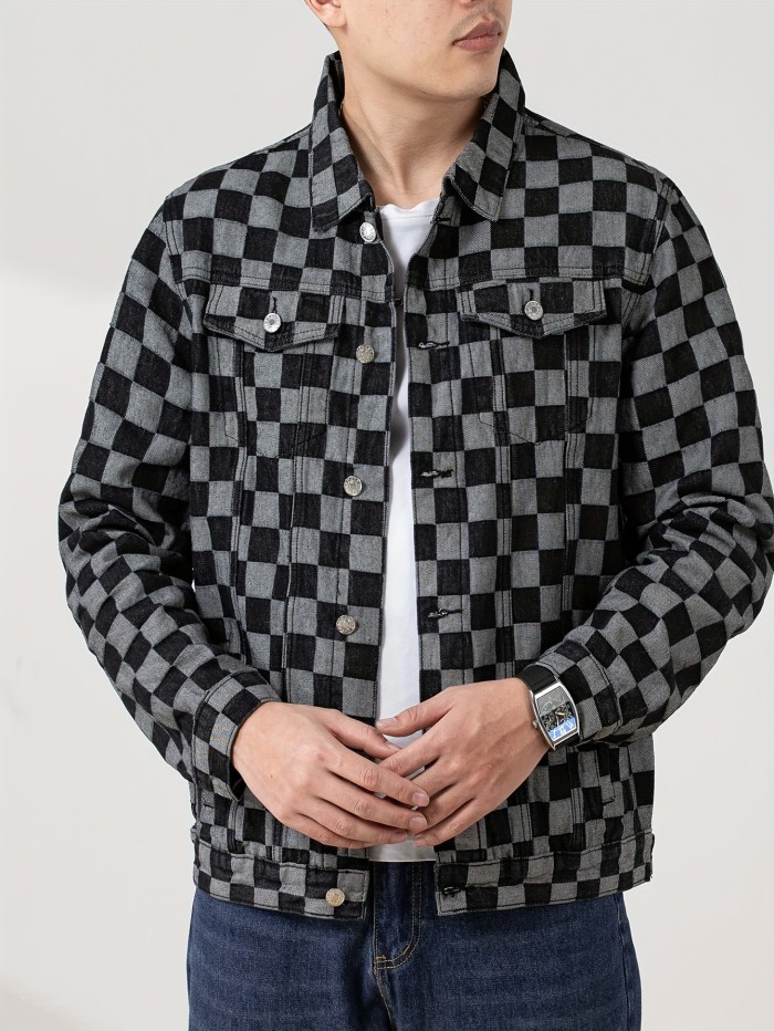 Fashion Street Checkered Men's Long Sleeve Denim Button Down Shirt Jacket With Pocket Design, Men's Spring Fall Outwear