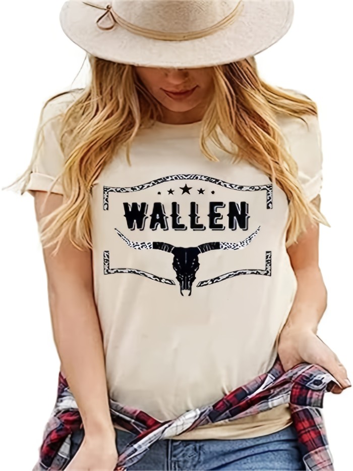 Cattle Print Western T-Shirt, Crew Neck Short Sleeve Casual Top For All Season, Women's Clothing