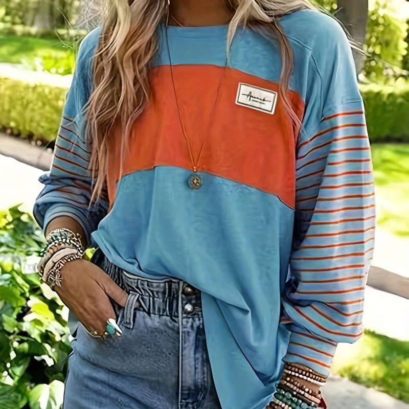Colorblock Patchwork Long Sleeve T-shirt, Casual Crew Neck Top, Women's Clothing