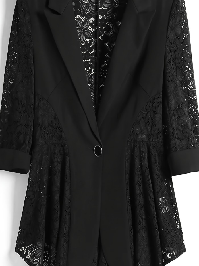Solid Color Open Front Blazer, Elegant Lapel Neck Contrast Lace Single Button Long Sleeve Blazer For Every Day, Women's Clothing