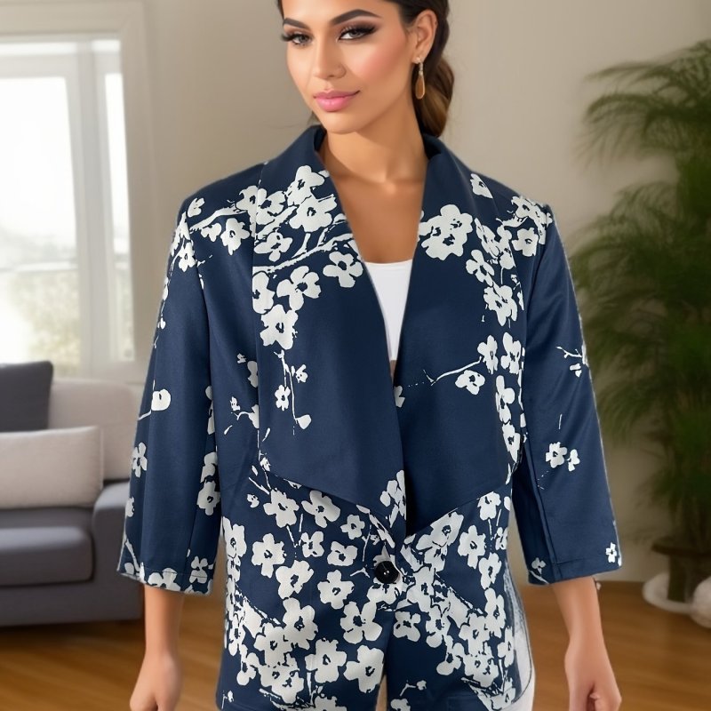 Floral Print Shawl Collar Blazer, Casual Open Front 3\u002F4 Sleeve Outerwear, Women's Clothing