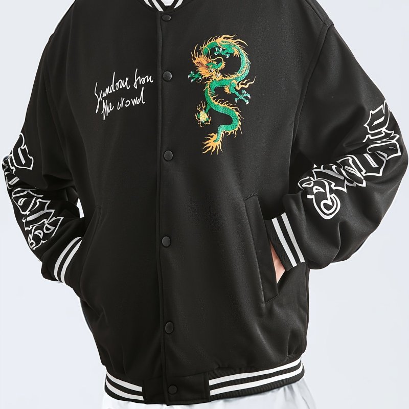Men's Casual Dragon Pattern Jacket, Chic Preppy Style Baseball Collar Jacket
