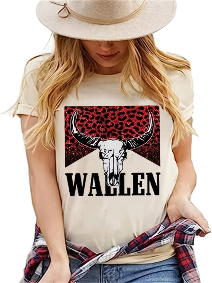 Cattle Print Western T-Shirt, Crew Neck Short Sleeve Casual Top For All Season, Women's Clothing