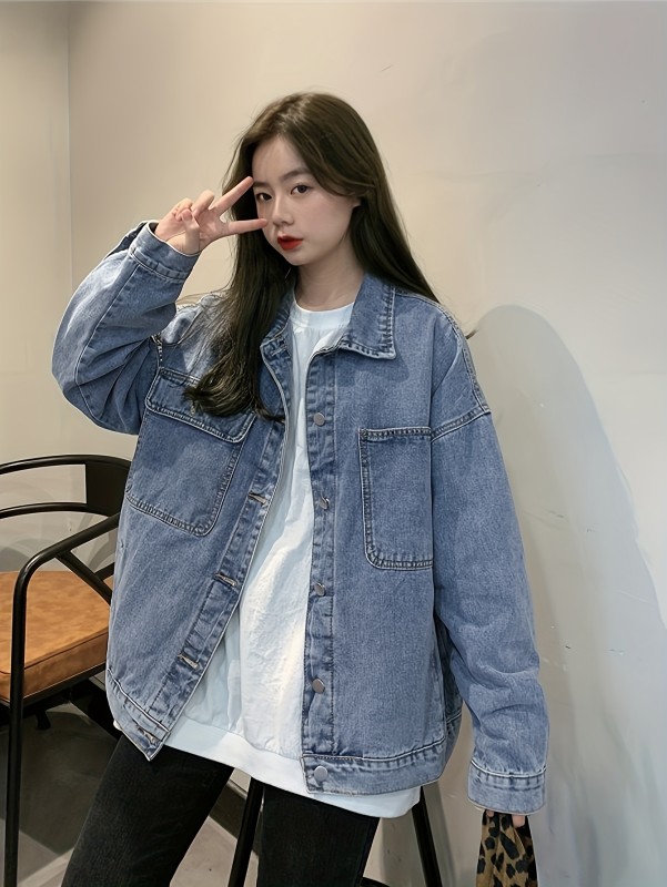 Lapel Neck Button Up Trendy Denim Jacket, Long Sleeve Loose Pleated Detail Versatile Denim Coat With Pocket, Women's Denim Clothing