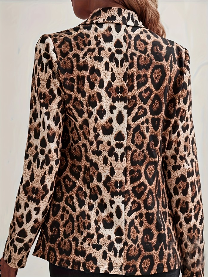 Leopard Print Open Front Blazer, Elegant Lapel Long Sleeve Blazer For Office & Work, Women's Clothing