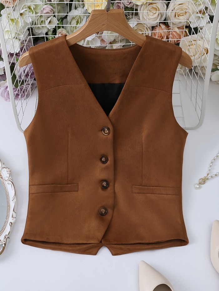 Solid Button Front Vest, V Neck Sleeveless Outerwear, Women's Clothing