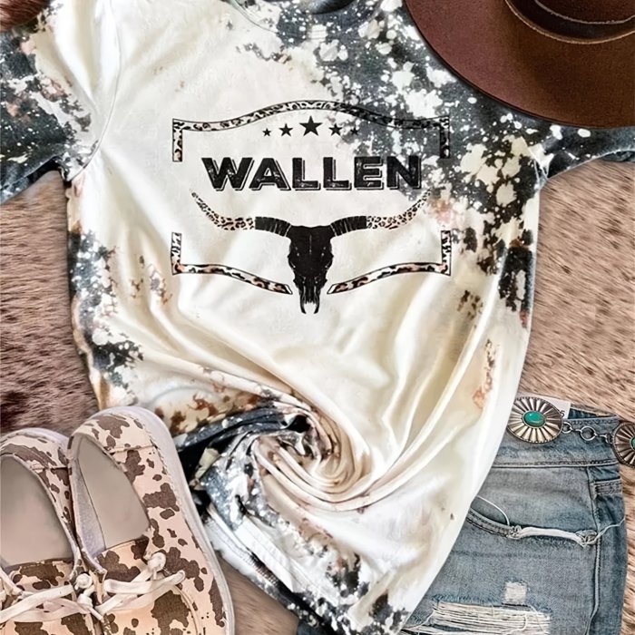 Cattle Print Western T-Shirt, Crew Neck Short Sleeve Casual Top For All Season, Women's Clothing