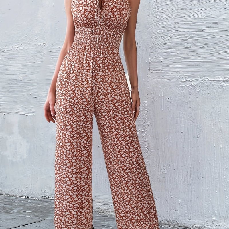 Boho Ditsy Floral Print Cami Jumpsuit, Casual Knot Front Long Length Jumpsuit, Women's Clothing