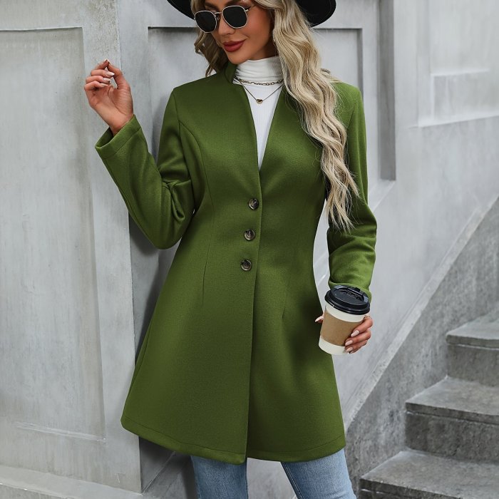 Solid Button Front Tunic Overcoat, Elegant Long Sleeve Winter Outwear, Women's Clothing
