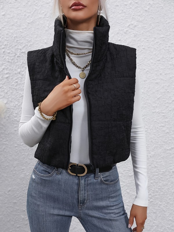 Solid Color Zipper Front Vest Jacket, Casual Turtle Neck Sleeveless Jacket For Every Day, Women's Clothing