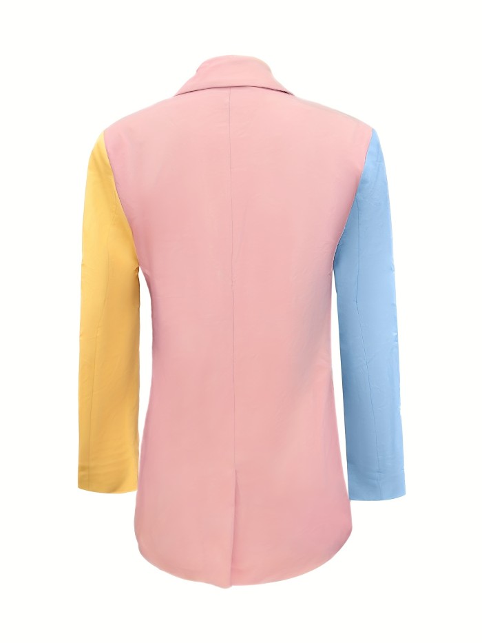 Color Block Lapel Button Front Blazer, Elegant Long Sleeve Blazer For Office & Work, Women's Clothing