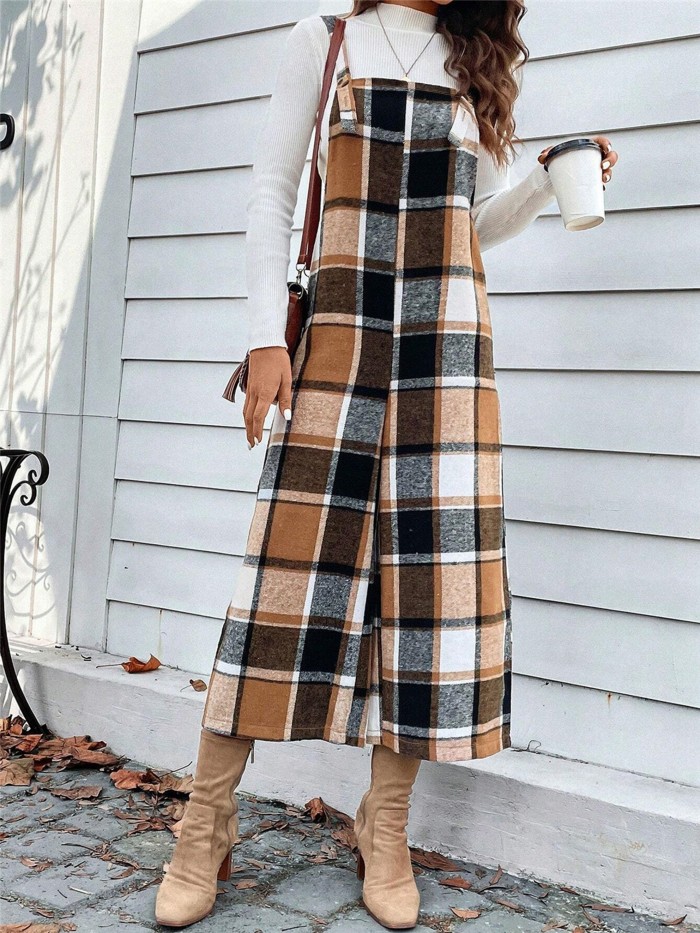 Plaid Pattern Tank Overall Jumpsuit, Casual Button Wide Leg Overall Jumpsuit For Spring & Fall, Women's Clothing
