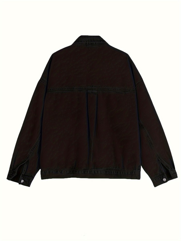 Lapel Neck Button Up Trendy Denim Jacket, Long Sleeve Loose Pleated Detail Versatile Denim Coat With Pocket, Women's Denim Clothing