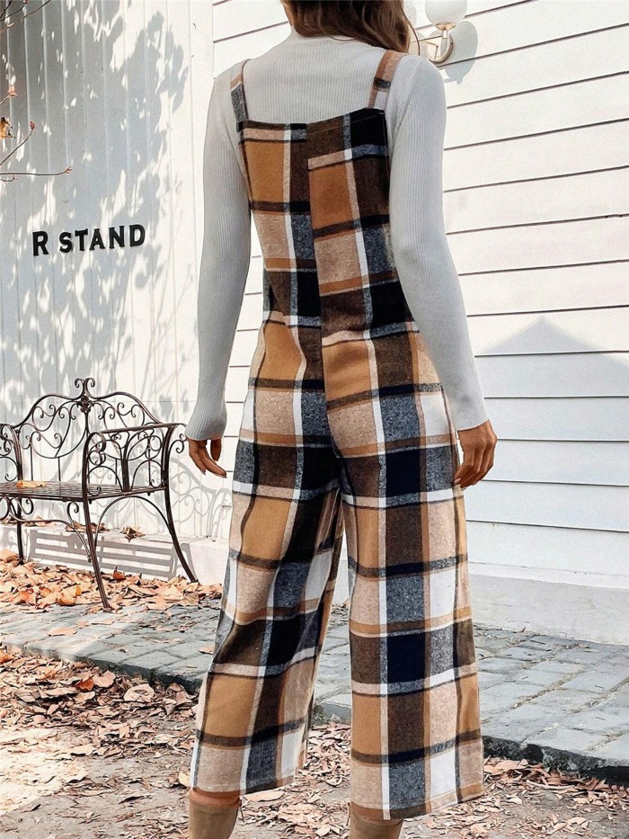 Plaid Pattern Tank Overall Jumpsuit, Casual Button Wide Leg Overall Jumpsuit For Spring & Fall, Women's Clothing