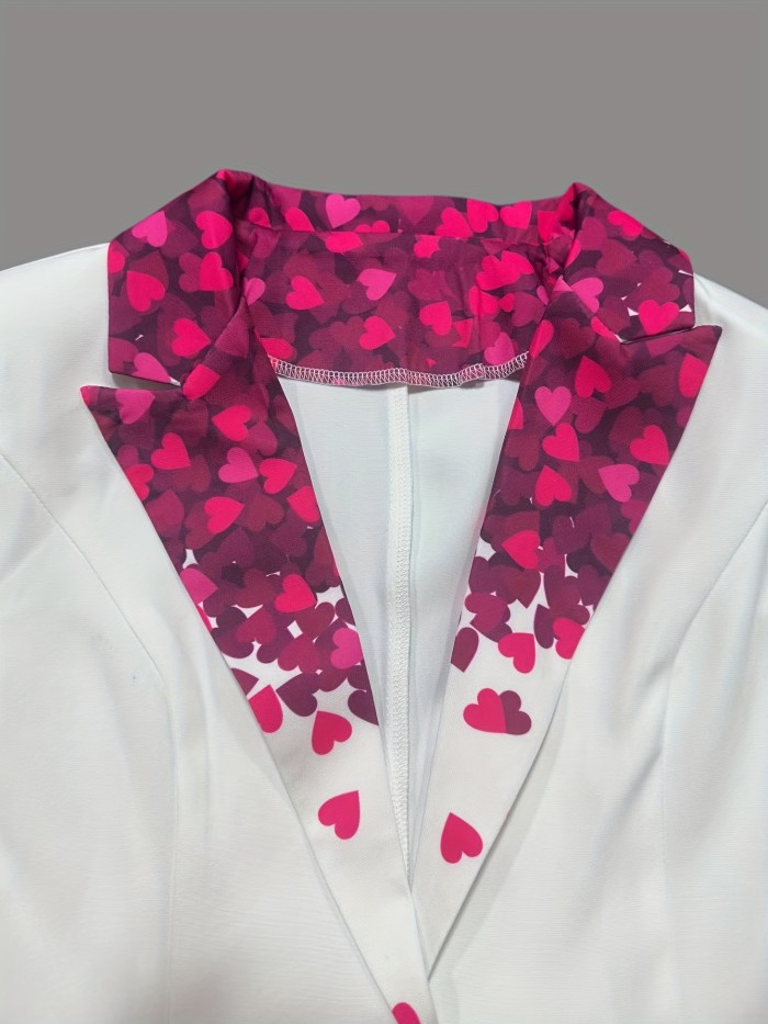 Valentine's Day Heart Print Lapel Button Front Blazer, Elegant Long Sleeve Blazer For Office & Work, Women's Clothing
