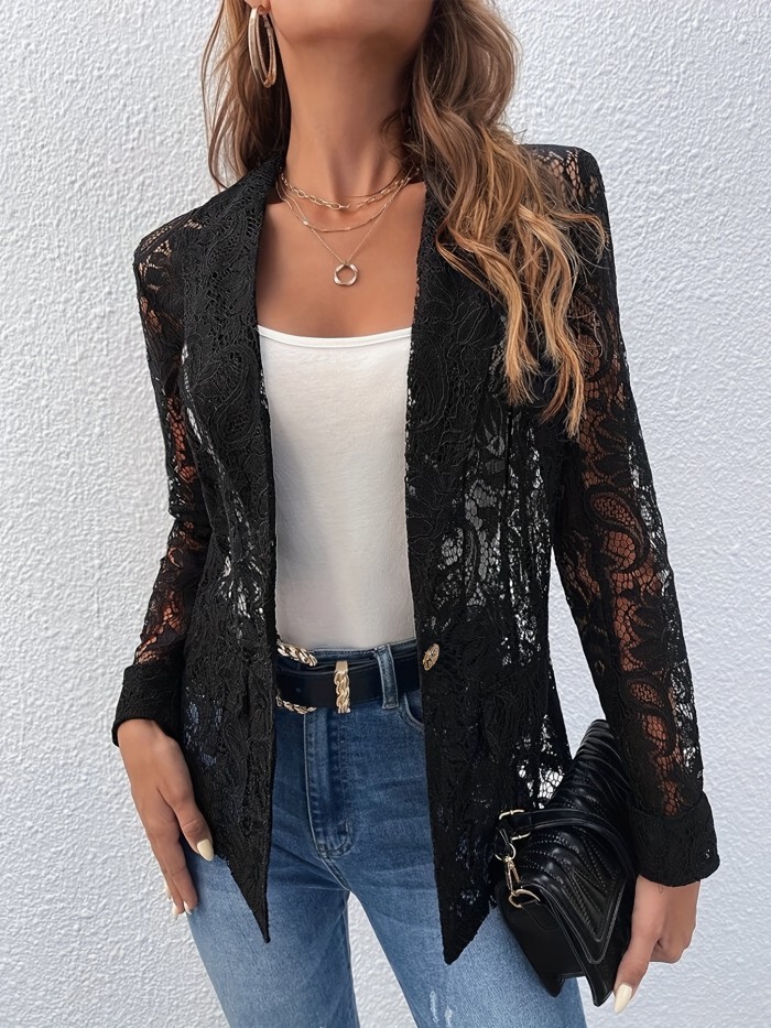 Solid Color Open Front Blazer, Elegant Lapel Neck Cut Out Long Sleeve Blazer For Spring & Summer, Women's Clothing