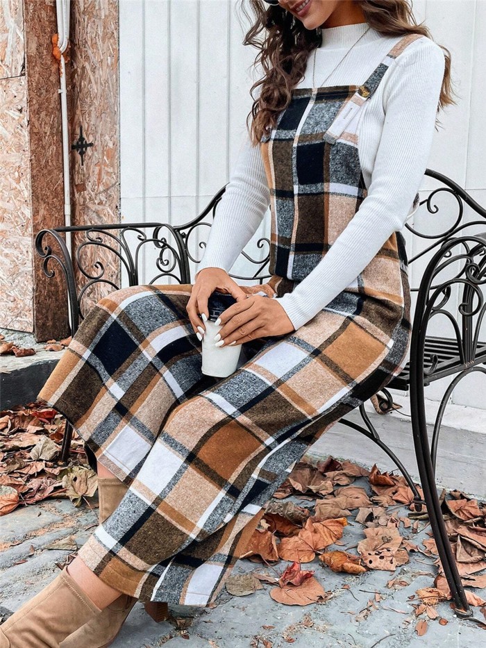 Plaid Pattern Tank Overall Jumpsuit, Casual Button Wide Leg Overall Jumpsuit For Spring & Fall, Women's Clothing