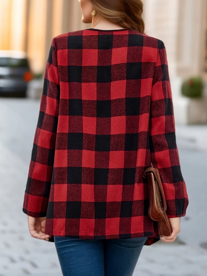 Plaid Print Open Front Coat, Elegant Long Sleeve Outwear For Spring & Fall, Women's Clothing