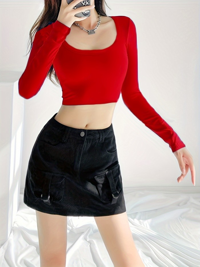 Slim Solid Crop T-shirt, Y2K Long Sleeve Top For Spring & Fall, Women's Clothing