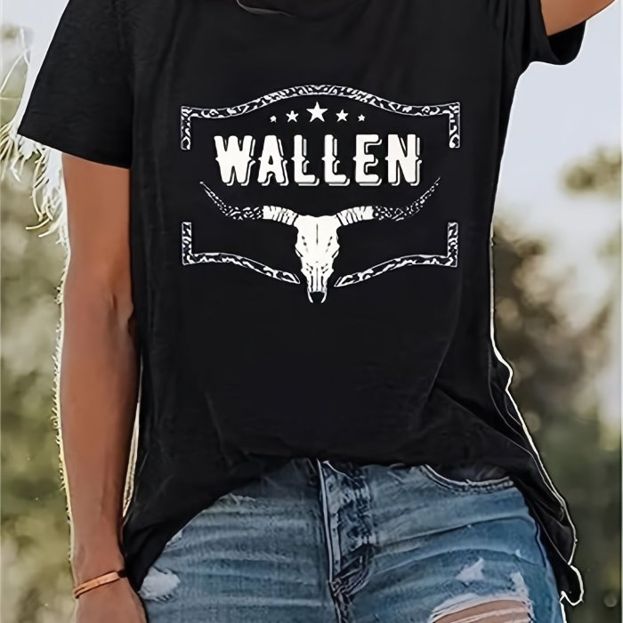 Cattle Print Western T-Shirt, Crew Neck Short Sleeve Casual Top For All Season, Women's Clothing