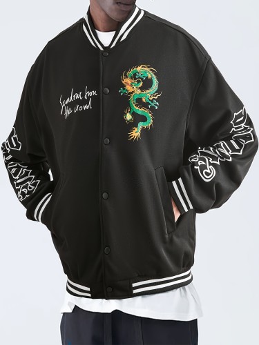 Men's Casual Dragon Pattern Jacket, Chic Preppy Style Baseball Collar Jacket