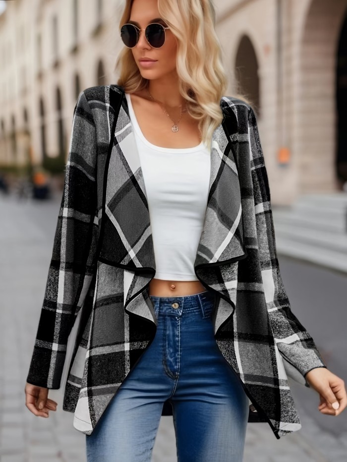 Plaid Print Open Front Coat, Elegant Long Sleeve Outwear For Spring & Fall, Women's Clothing