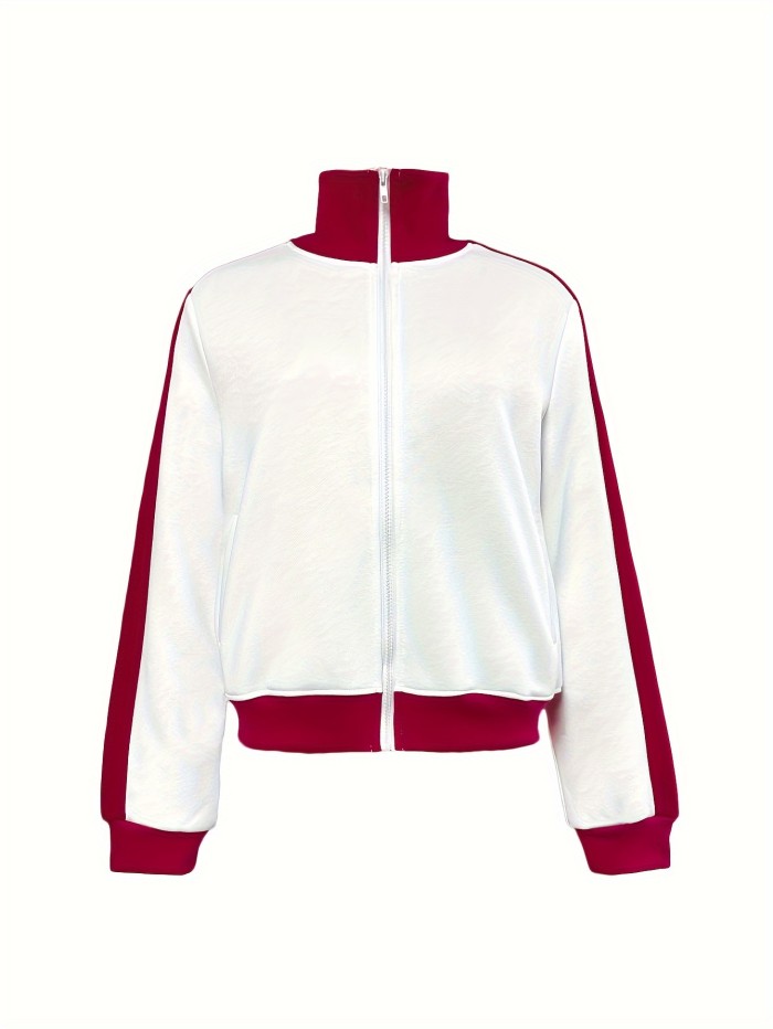 Color Block Zipper Front Jacket, YOUNG Stand Neck Long Sleeve Jacket For Every Day, Women's Clothing