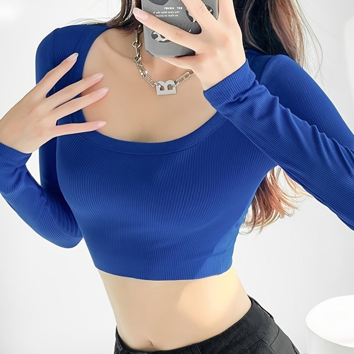 Slim Solid Crop T-shirt, Y2K Long Sleeve Top For Spring & Fall, Women's Clothing