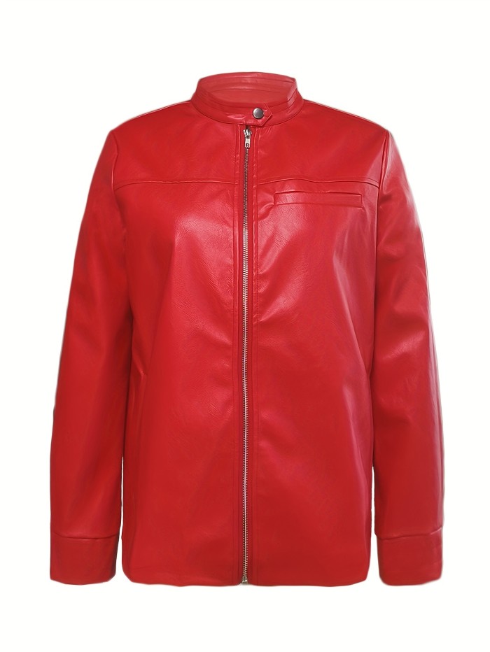 Faux Leather Zip-up Jacket, Casual Long Sleeve Biker Jacket For Fall & Winter, Women's Clothing