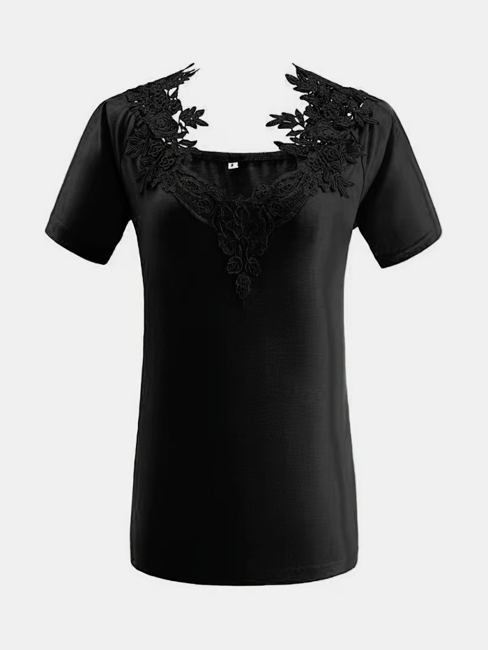 Solid Stitching Floral Print Short Sleeve Top, Casual Everyday T-Shirt, Women's Clothing