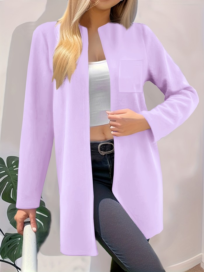 Solid Open Front Pocket Cardigan, Casual Long Sleeve Sweater For Spring & Fall, Women's Clothing