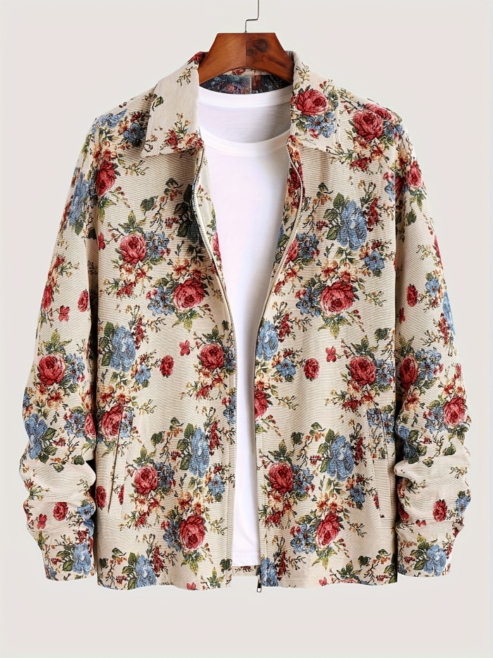 Men's Loose Floral Graphic Print Jacket With Pockets, Casual Breathable Lapel Zip Up Long Sleeve Outwear For Spring Fall