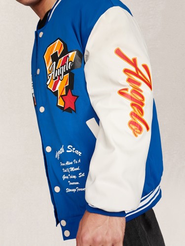 Men's Casual Y2k Letter Print Color Block Varsity Jacket, Chic Baseball Collar Bomber Jacket
