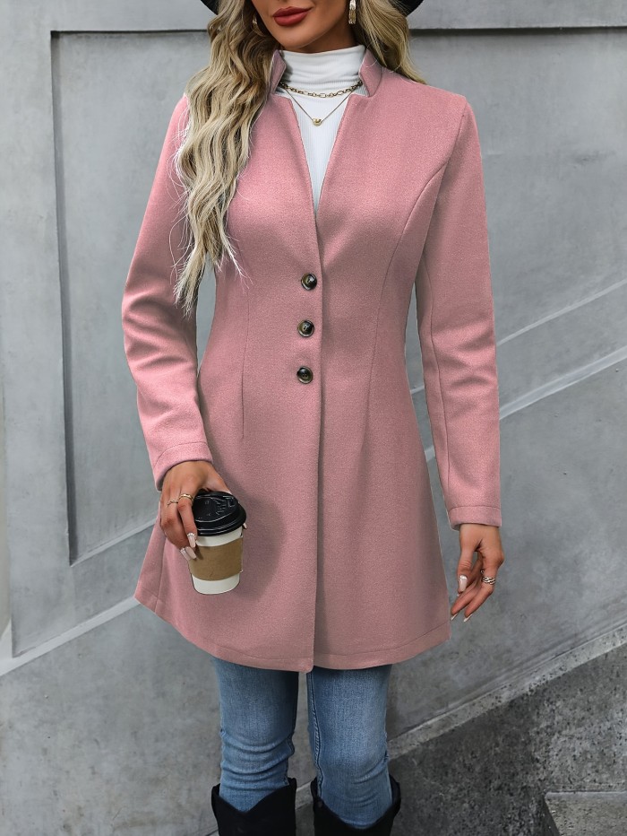 Solid Button Front Tunic Overcoat, Elegant Long Sleeve Winter Outwear, Women's Clothing