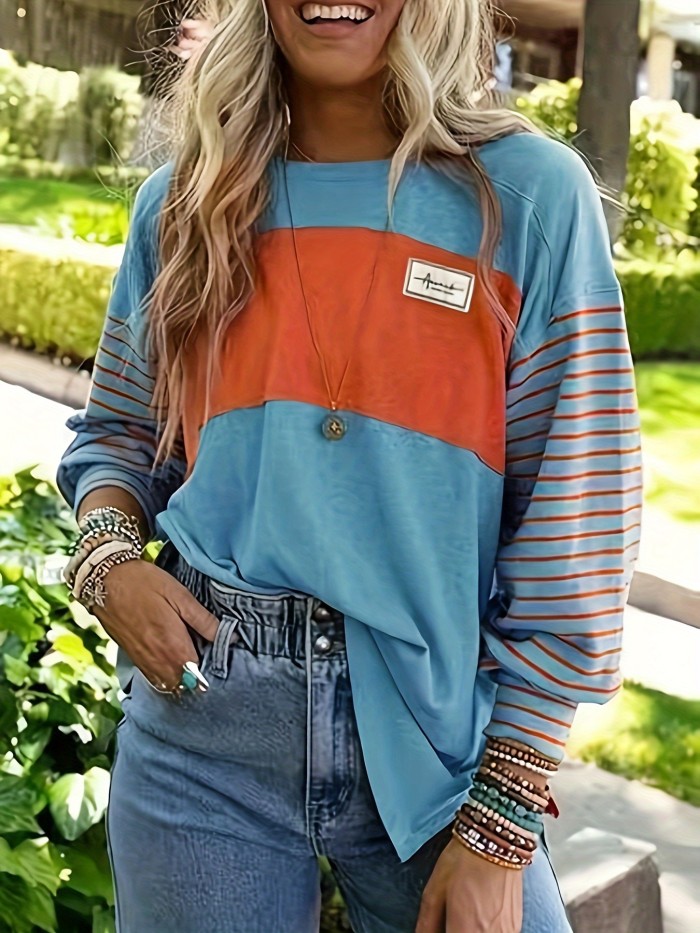 Colorblock Patchwork Long Sleeve T-shirt, Casual Crew Neck Top, Women's Clothing